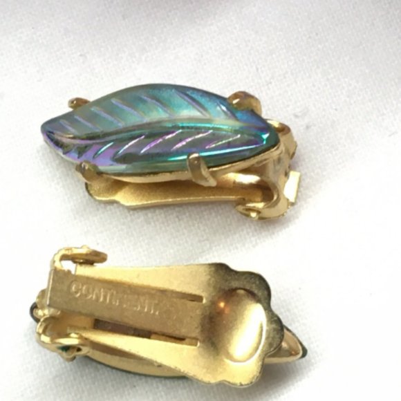 IRIDESCENT LEAF EARRINGS 1" Leaf Shape Crystal Luminous Clip-on Style, Signed - Picture 2 of 6